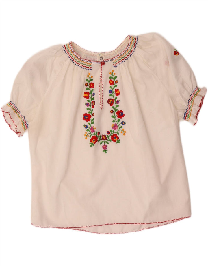 VINTAGE Damen Crop Bluse Top UK 16 Großes weißes Blumenmuster aus Polyester