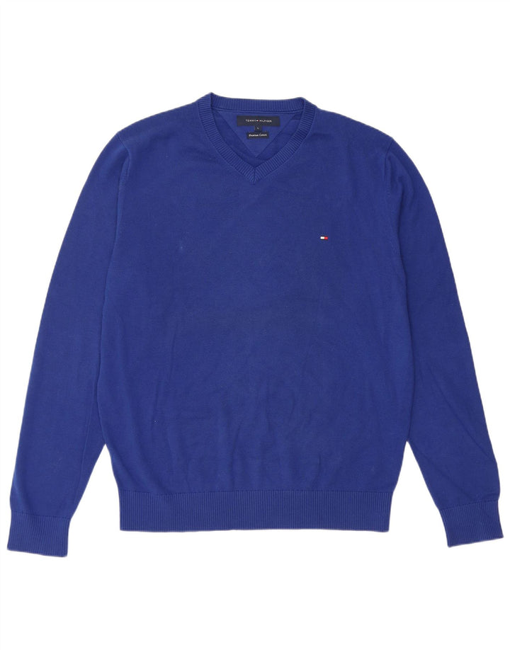 Tommy Hilfiger Herren-Pullover mit V-Ausschnitt, groß, aus blauer Baumwolle
