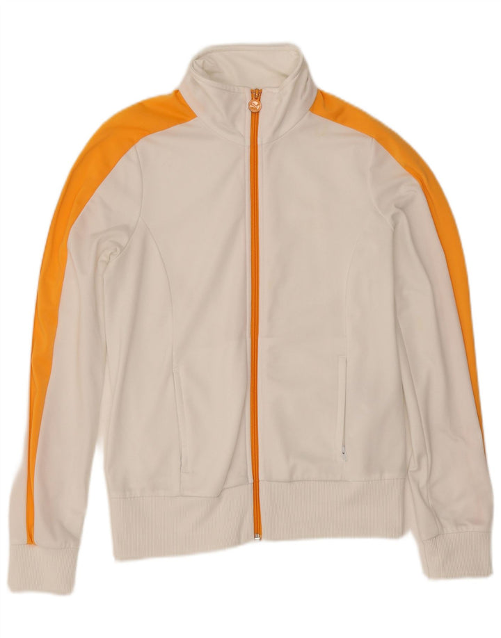 Puma Damen-Trainingsanzug-Oberteiljacke UK 12 Mittelweißes Colourblock-Polyester