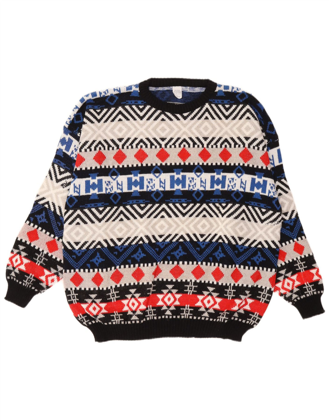 Vintage Herren-Pullover mit Rundhalsausschnitt, große, mehrfarbige, geometrische Wolle