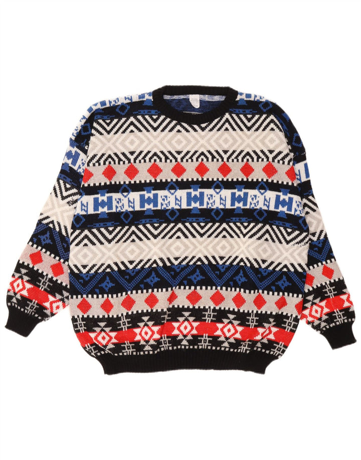 Vintage Herren-Pullover mit Rundhalsausschnitt, große, mehrfarbige, geometrische Wolle
