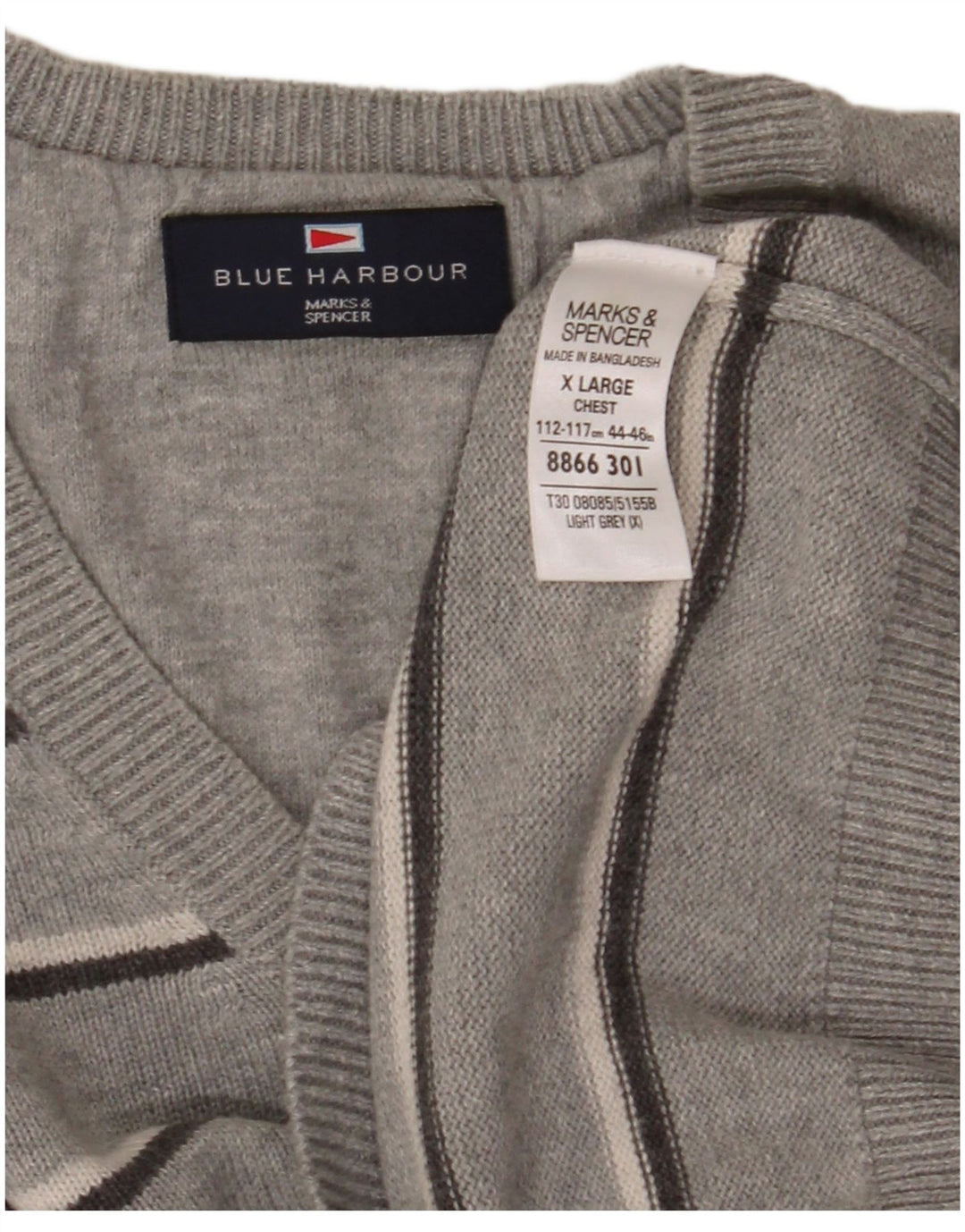 Marks & Spencer Herren Blue Harbor V-Ausschnitt Pullover Pullover XL Grau gestreift