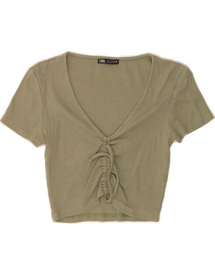 ZARA Womens Crop Blouse Top UK 12 Medium Khaki Cotton Vintage Zara and Second-Hand Zara from Messina Hembry 