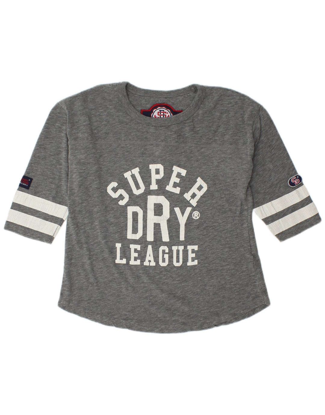 Superdry Damen-Grafikoberteil mit 3/4-Ärmeln, UK-Größe 14, mittelgraue Baumwolle