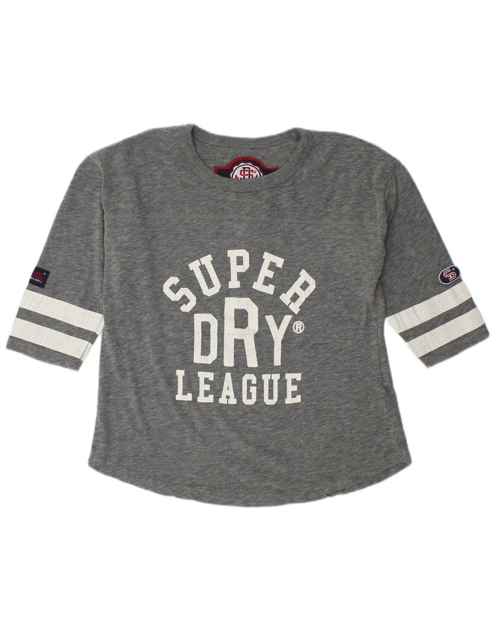 Superdry Damen-Grafikoberteil mit 3/4-Ärmeln, UK-Größe 14, mittelgraue Baumwolle