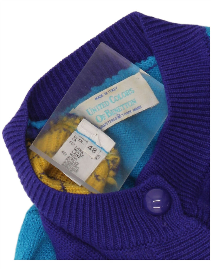 Benetton Damen Winter Crop Cardigan Pullover IT 48 XL Blaue Colourblock-Wolle