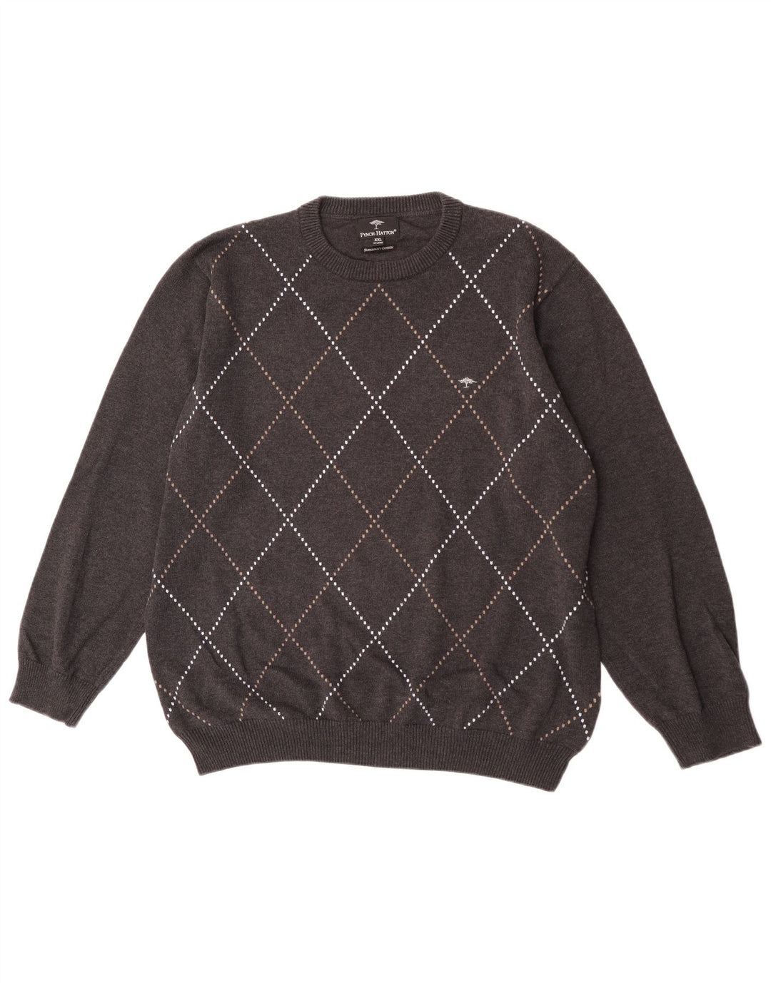 Fynch Hatton Herren-Pullover mit Rundhalsausschnitt, 2XL, graue Argyle/Diamant-Baumwolle