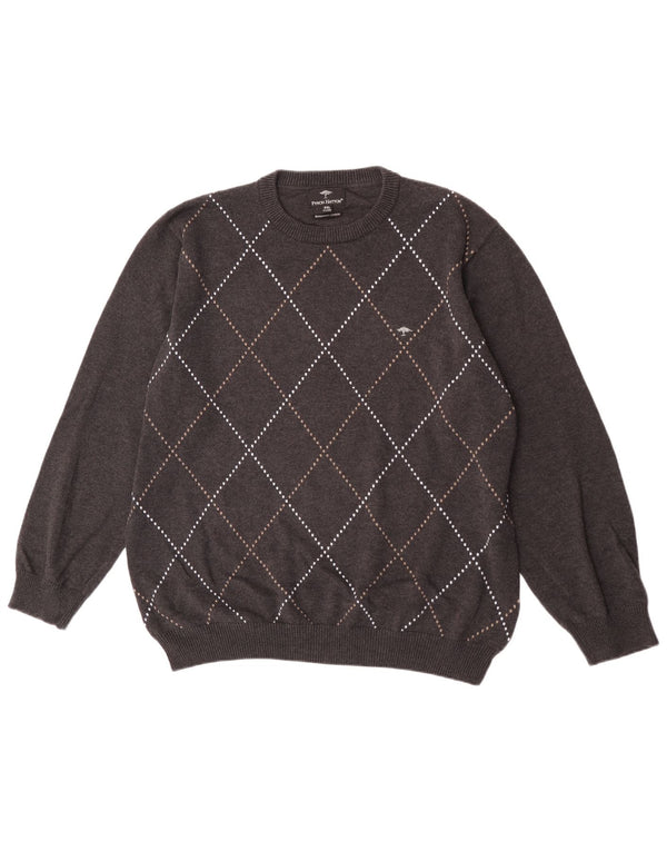 Fynch Hatton Herren-Pullover mit Rundhalsausschnitt, 2XL, graue Argyle/Diamant-Baumwolle