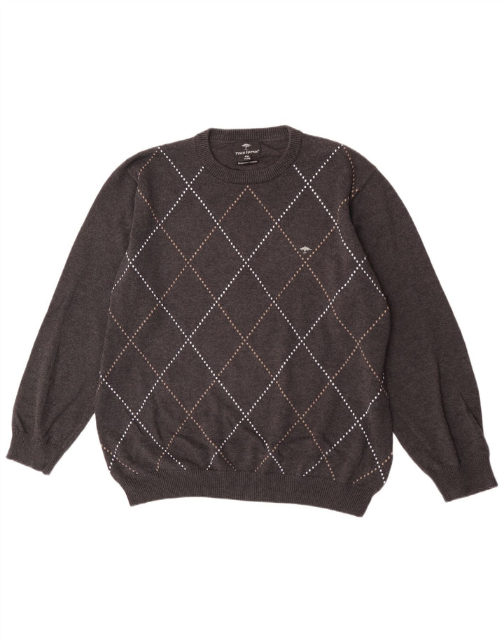 Fynch Hatton Herren-Pullover mit Rundhalsausschnitt, 2XL, graue Argyle/Diamant-Baumwolle