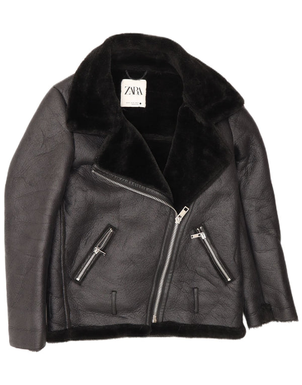 Zara Damen Übergroße Loose Fit Biker Sherpa Jacke UK 6 XS Schwarz Polyester