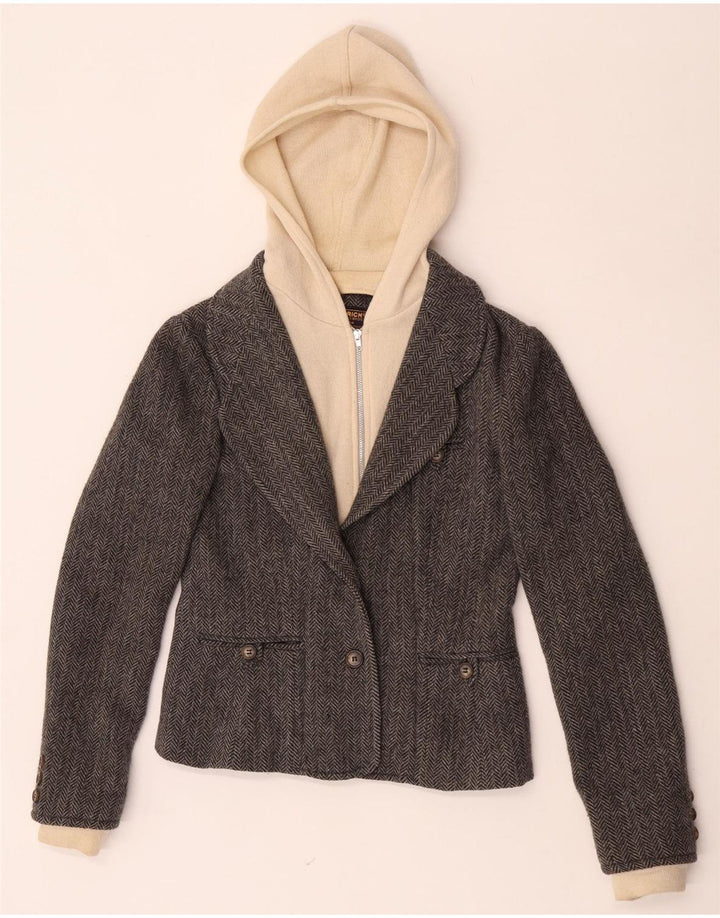 Rich Damen-Blazer mit 1 Knopf und Kapuze, Gr. 10, Größe S, Grau, Fischgrätenmuster