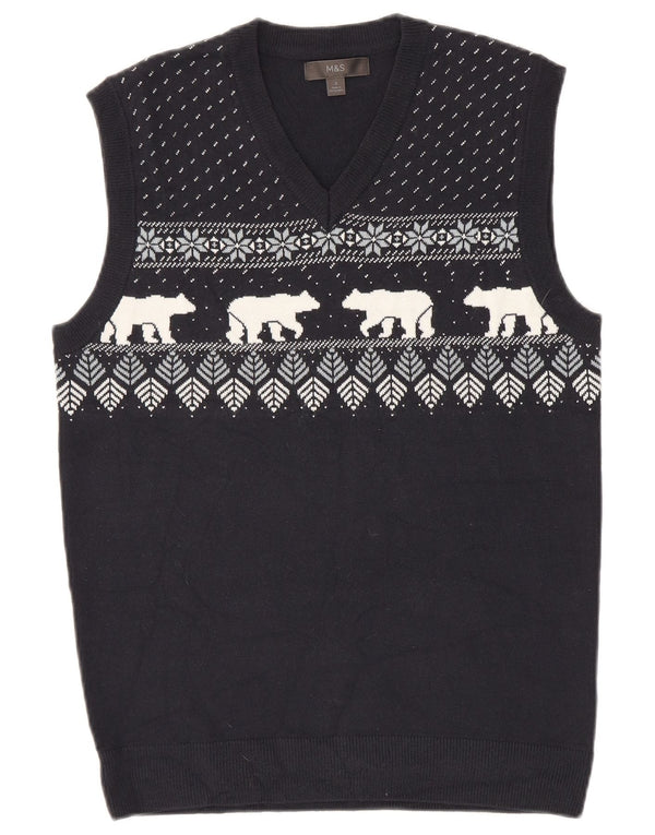 Marks & Spencer Herren Weste Tank Top Small Marineblau Fair Isle Acryl