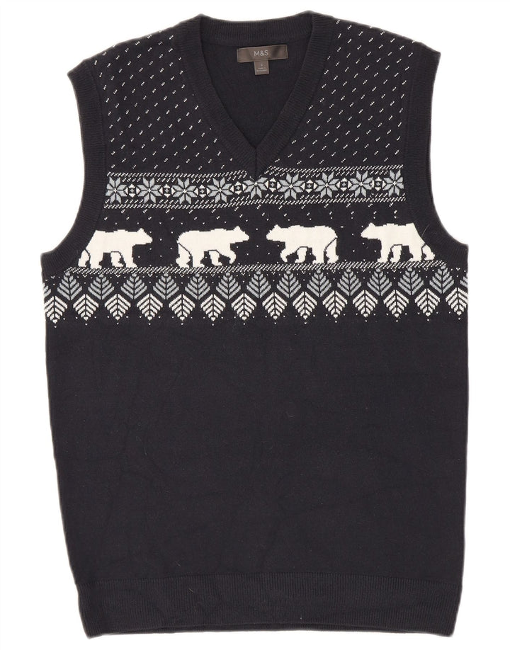 Marks & Spencer Herren Weste Tank Top Small Marineblau Fair Isle Acryl