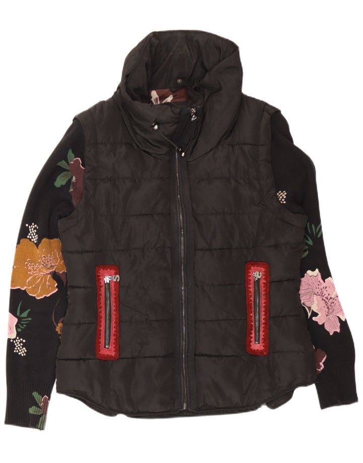 Desigual Damen Wattierte Jacke EU 40 Medium Black Floral Cotton