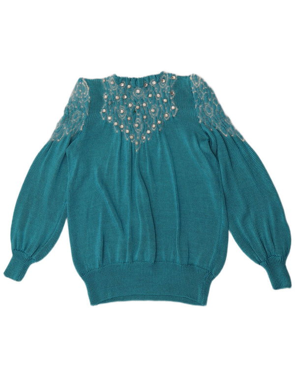 Vintage Damen Pullover mit abstraktem Muster und Rundhalsausschnitt, Gr. 14, Blau