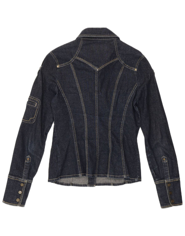 KAREN MILLEN Damen Militär-Jeanshemd UK 10 Small Blaue Baumwolle