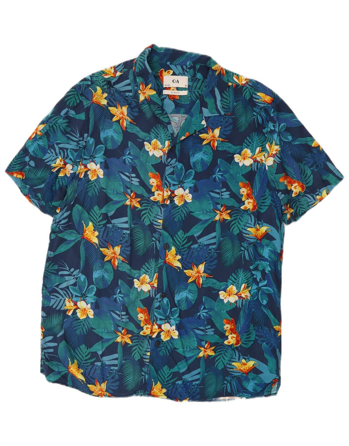 C&A Herren Kurzarm-Slim-Fit-Hemd Mittelblaues geblümtes Viskose-Hawaiihemd