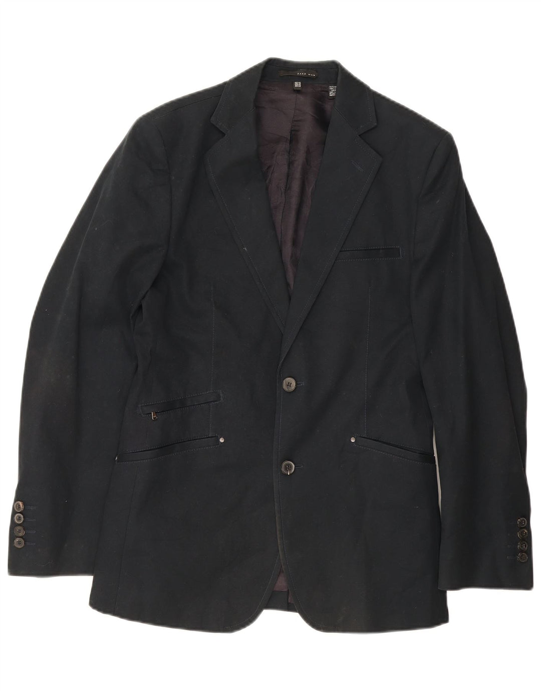 Zara Herren-Blazer mit 2 Knöpfen, Größe IT 48, mittelmarineblaue Baumwolle