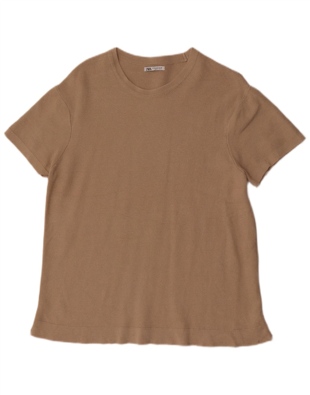 Zara Herren Kurzarm-T-Shirt-Oberteil aus mittelbrauner Baumwolle