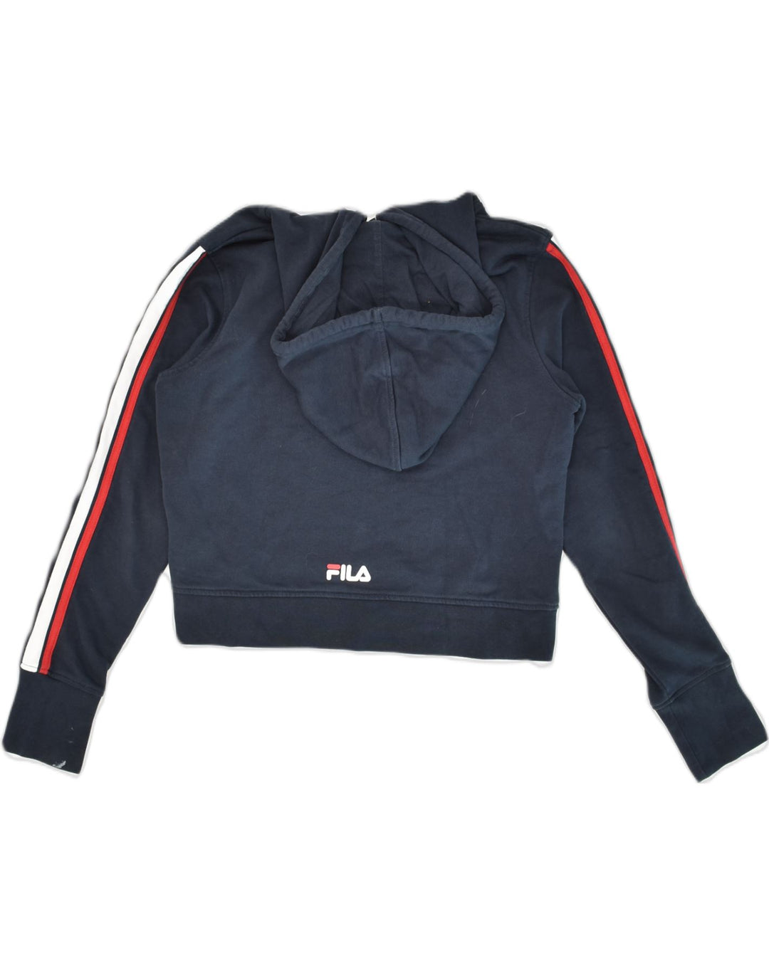 FILA Womens Graphic Crop Hoodie Jumper UK 10 Small Navy Blue Cotton | Vintage Fila | Thrift | Second-Hand Fila | Used Clothing | Messina Hembry 