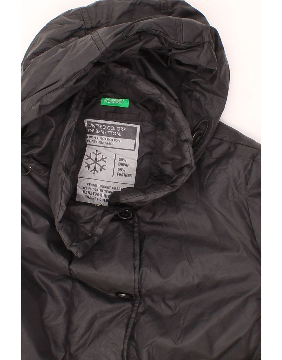 BENETTON Womens Hooded Padded Coat UK 14 Large Black Vintage Benetton and Second-Hand Benetton from Messina Hembry 