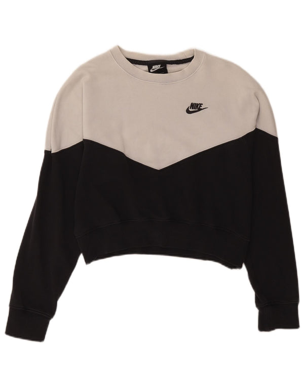 Nike Damen Crop Sweatshirt Pullover UK 14 Mittelschwarze Colourblock-Baumwolle