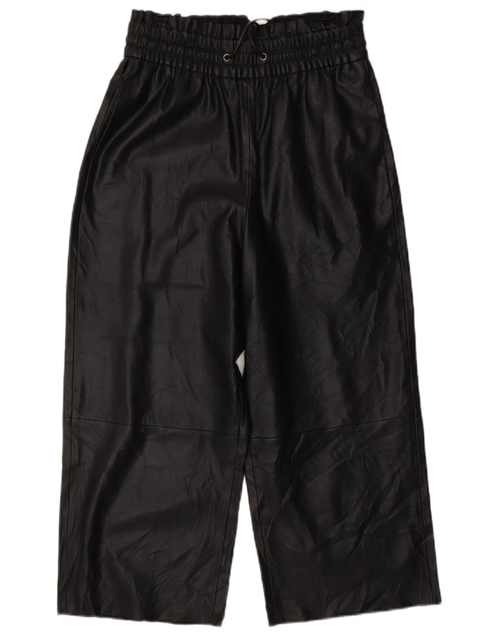 ZARA Damen Crop Wide Leg Kunstlederhose XS W25 L20 Schwarz