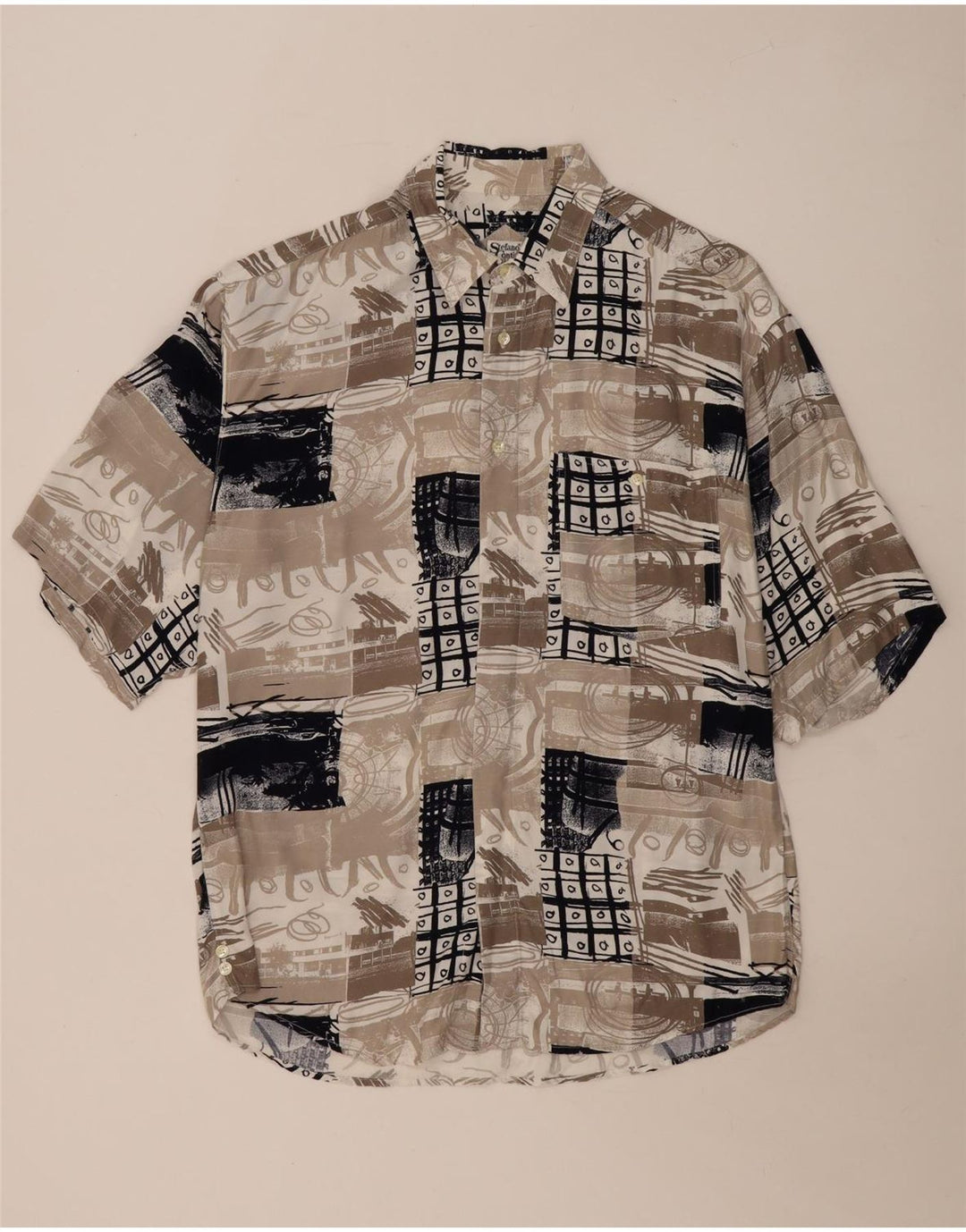 Vintage Herren Kurzarmhemd Großes Beige Patchwork