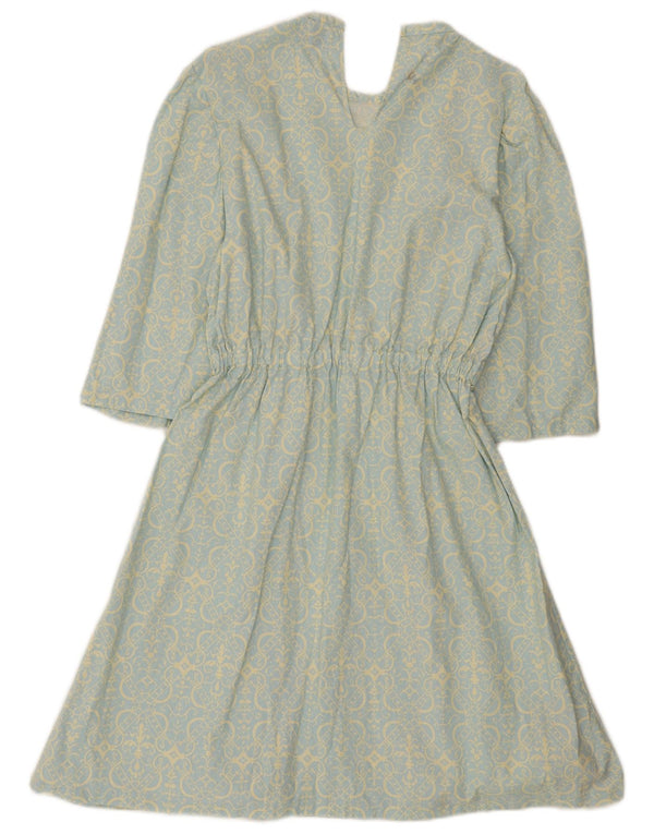 Vintage Damen 3/4 Ärmel A-Linie Kleid UK 12 Mittelblau geblümt