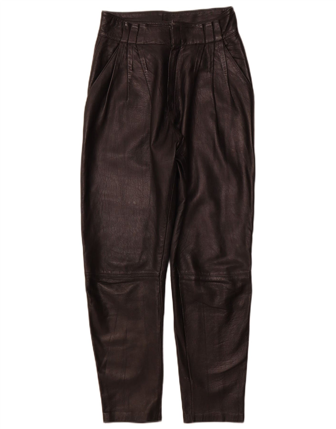 VINTAGE Damen-Lederhose mit Klammern, Größe 44, mittelgroß, W26, L26, schwarzes Leder