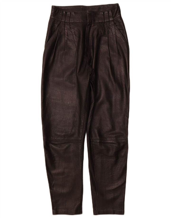 VINTAGE Damen-Lederhose mit Klammern, Größe 44, mittelgroß, W26, L26, schwarzes Leder