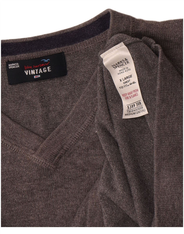 Marks & Spencer Herren-Pullover mit V-Ausschnitt, XL, graue Baumwolle