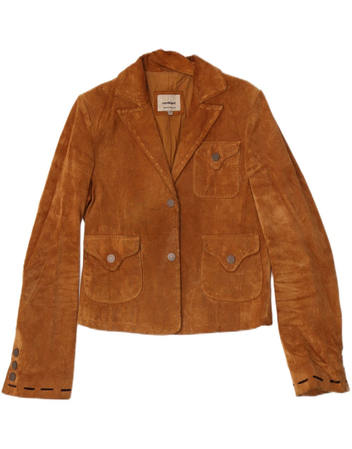 Conbipel Damen Crop Wildlederjacke IT 46 Großes braunes Blumenleder