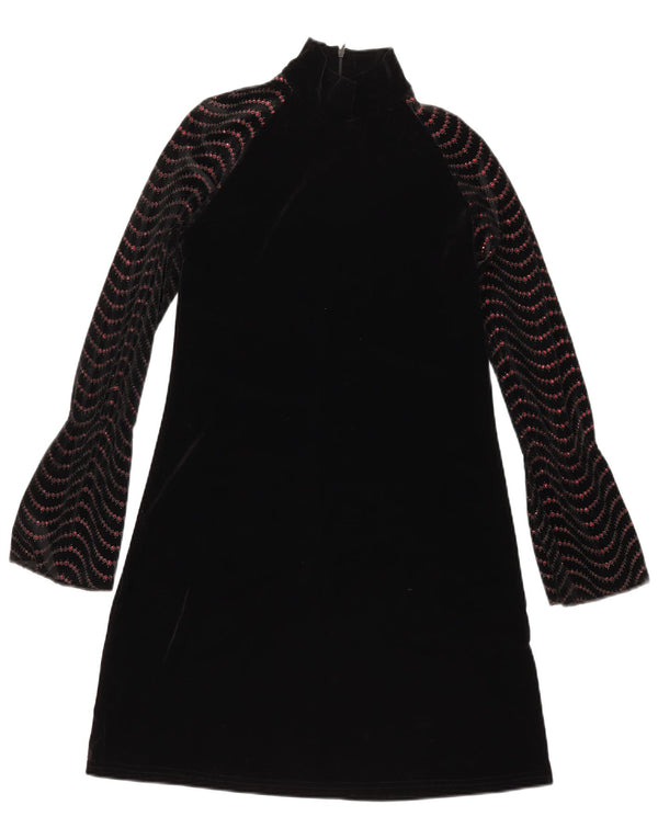 Vintage Damen Langarm-Samt-A-Linien-Kleid UK 12 Medium Black Chevron