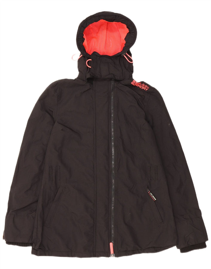 SUPERDRY Damen-Windbreakerjacke mit grafischer Kapuze, UK 10, Größe S, schwarzes Nylon