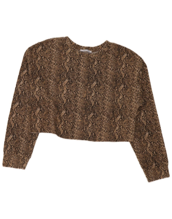 Zara Damen Trafaluc Crop Top Langarm UK 14 Mittelbraun Animal Print