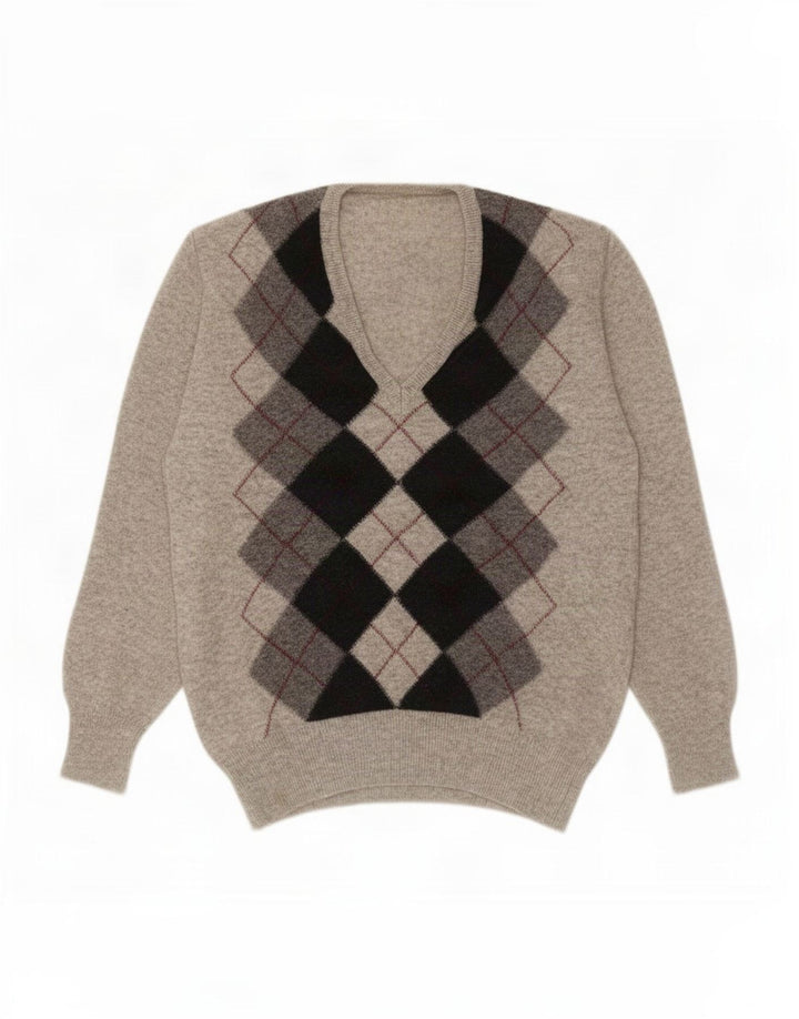 Vintage Herren V-Ausschnitt Pullover Pullover Klein Grau Argyle/Diamant