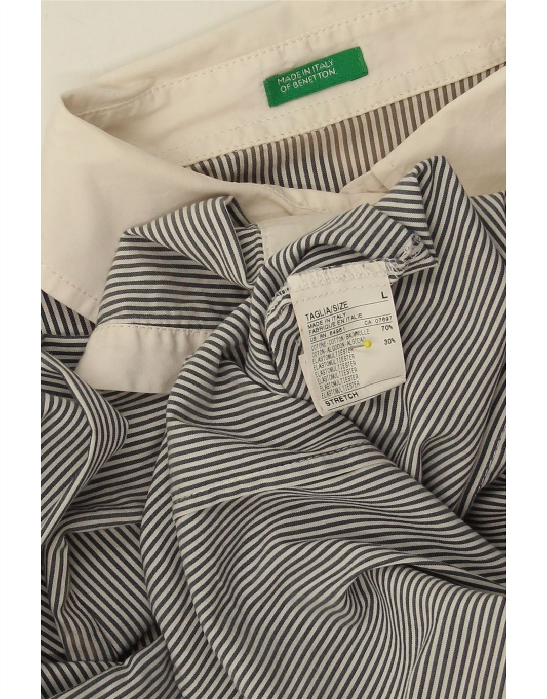 BENETTON Womens Pullover Shirt UK 14 Large Navy Blue Pinstripe Cotton Vintage Benetton and Second-Hand Benetton from Messina Hembry 