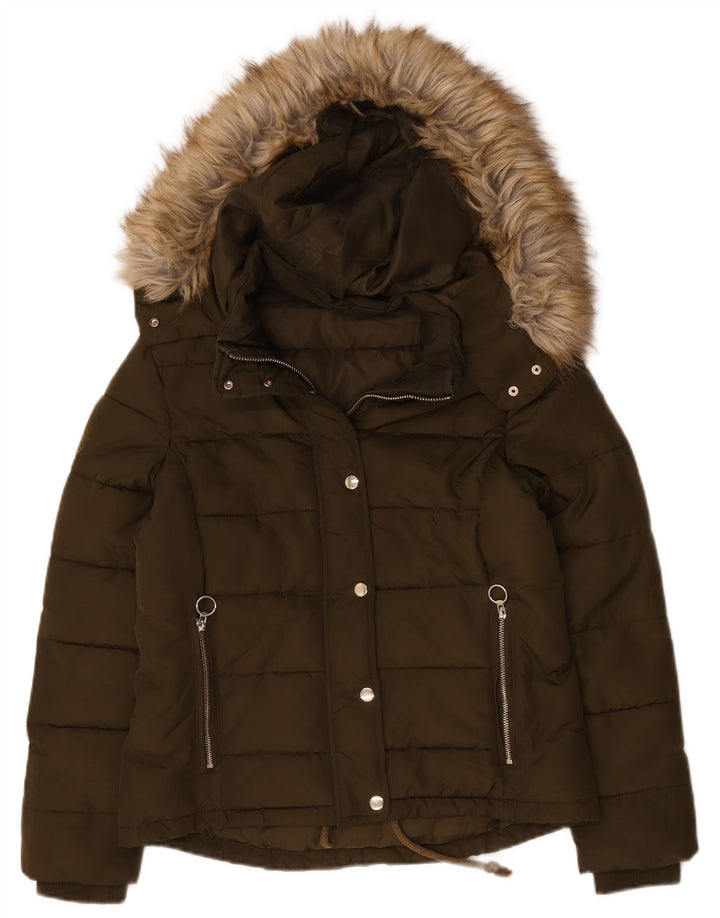 Topshop Damen-Kapuzenjacke, wattiert, UK 12, Mittel-Khaki, Polyester