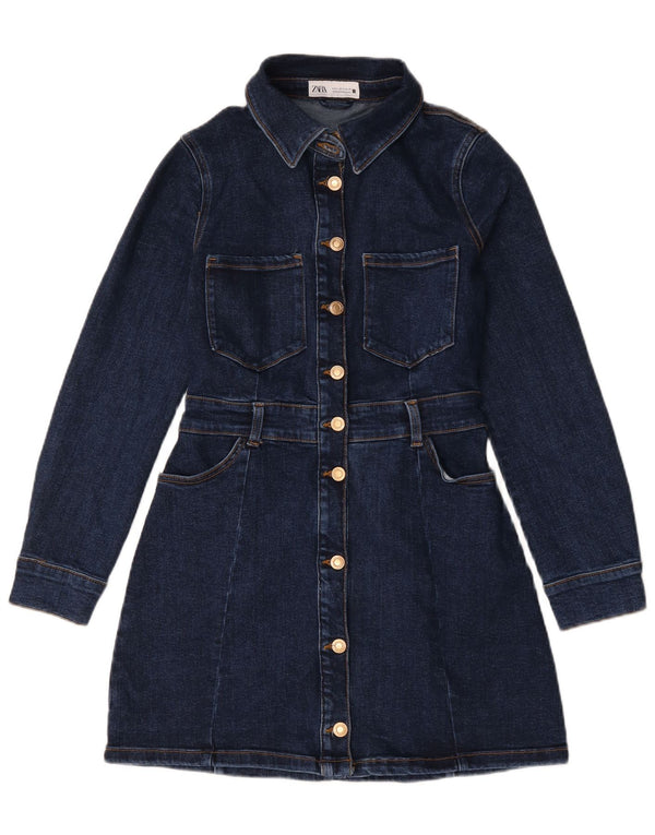 Zara Womens Long Sleeve Denim Dress UK 12 Medium Navy Blue Cotton