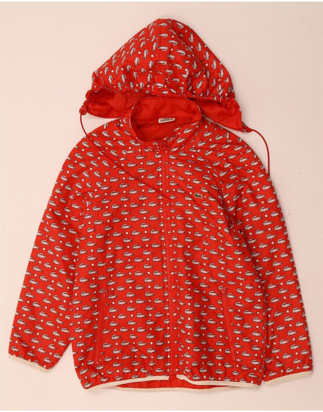 Lacoste Mädchen-Windbreakerjacke mit grafischer Kapuze, 11–12 Jahre, rotes Polyester