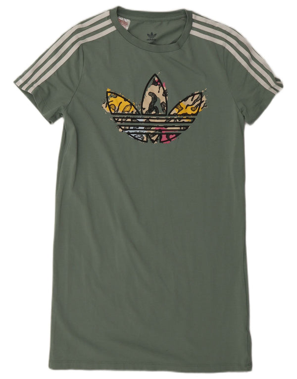 ADIDAS Girls Graphic T-Shirt Dress 13-14 Years Khaki Cotton