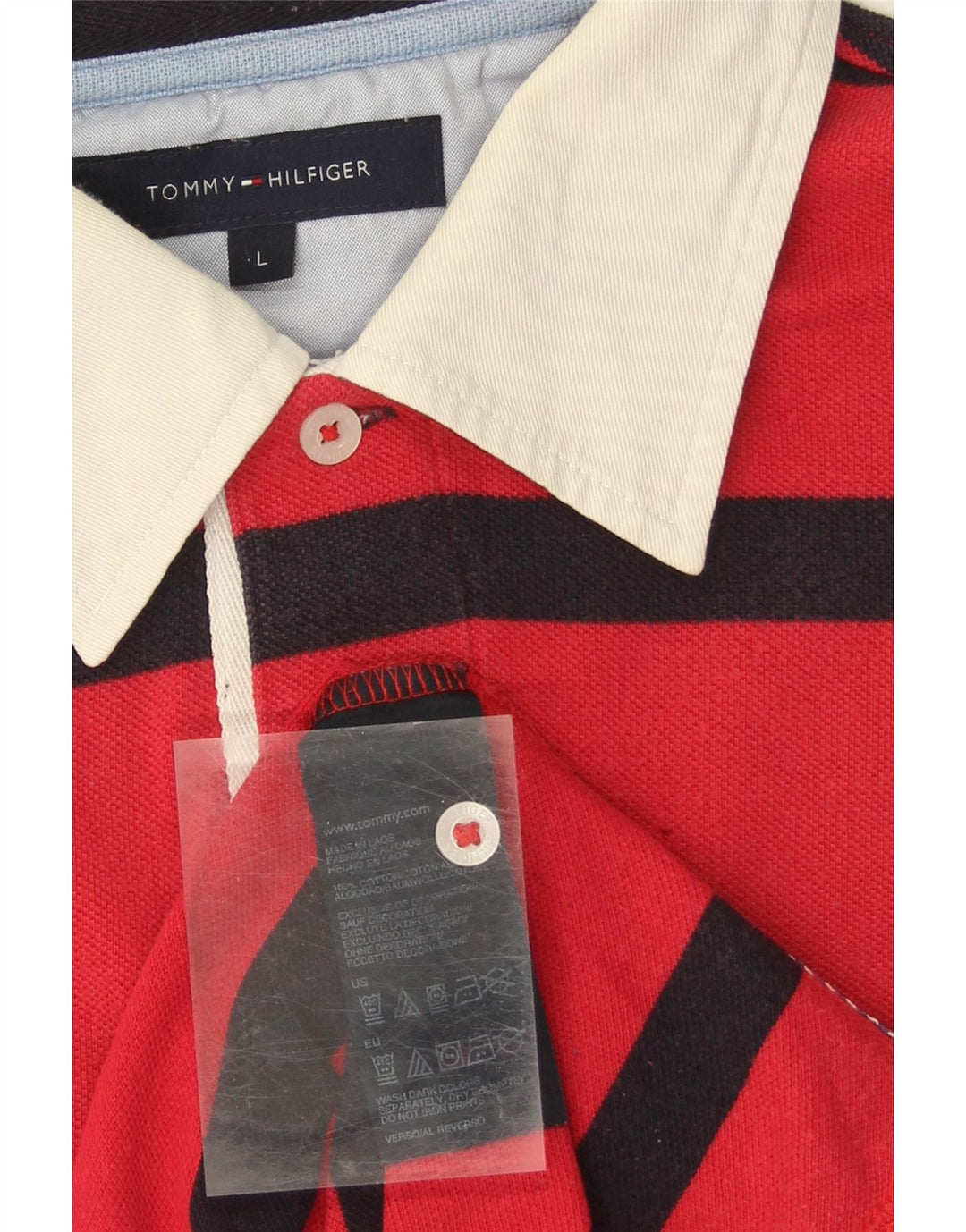 TOMMY HILFIGER Mens Polo Shirt Large Red Striped Cotton Vintage Tommy Hilfiger and Second-Hand Tommy Hilfiger from Messina Hembry 