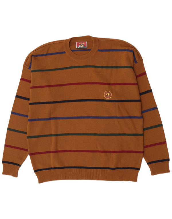 Navigare Herren-Pullover mit Rundhalsausschnitt, mittelbraun, gestreift, Wolle