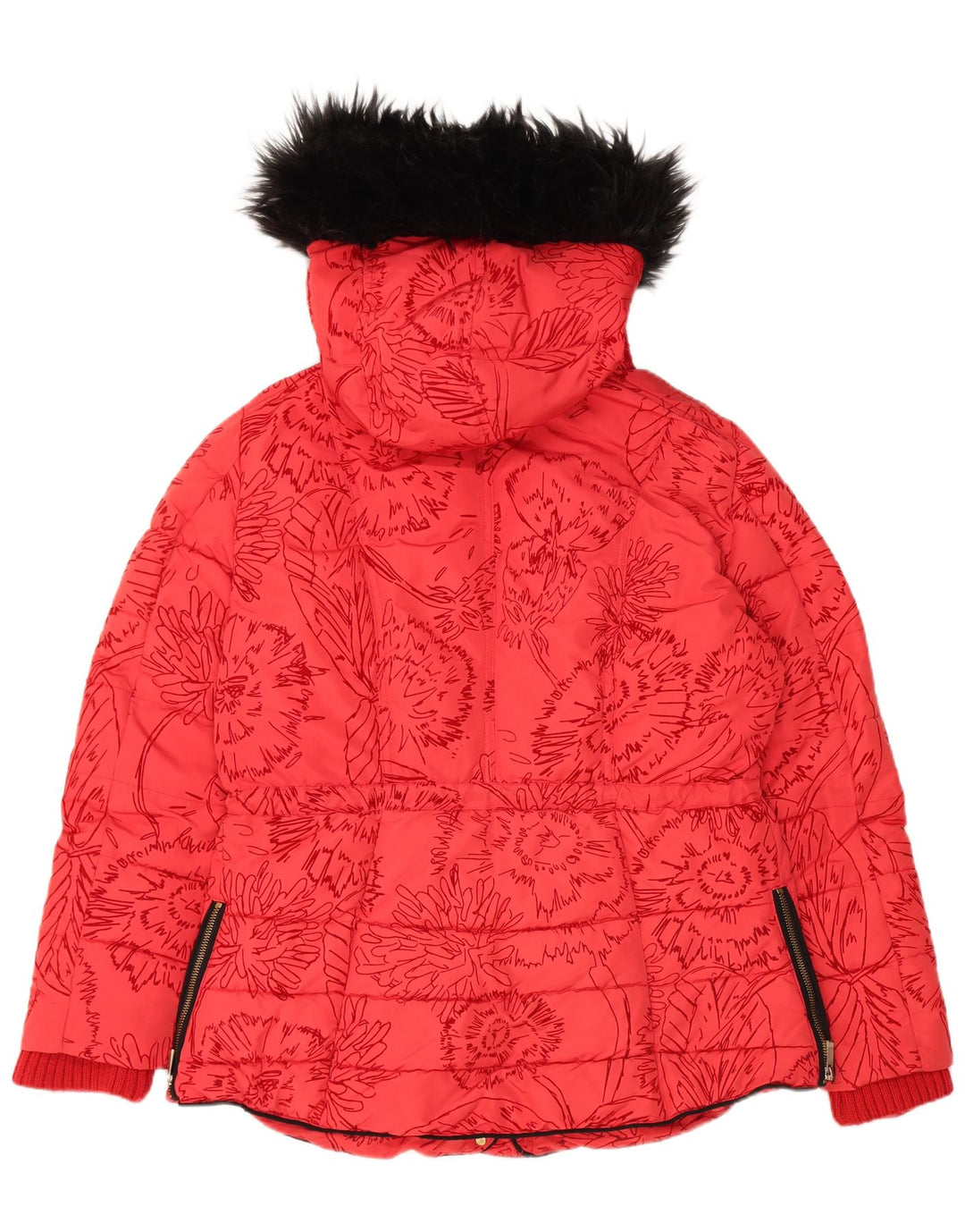 Desigual Damen-Kapuzenjacke, gepolstert, EU 44, XL, rotes Blumenmuster, Polyester