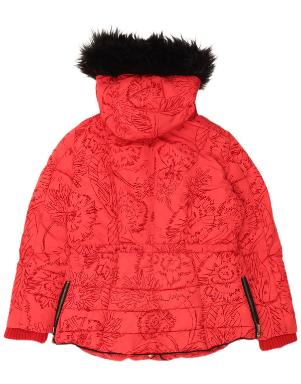 Desigual Damen-Kapuzenjacke, gepolstert, EU 44, XL, rotes Blumenmuster, Polyester