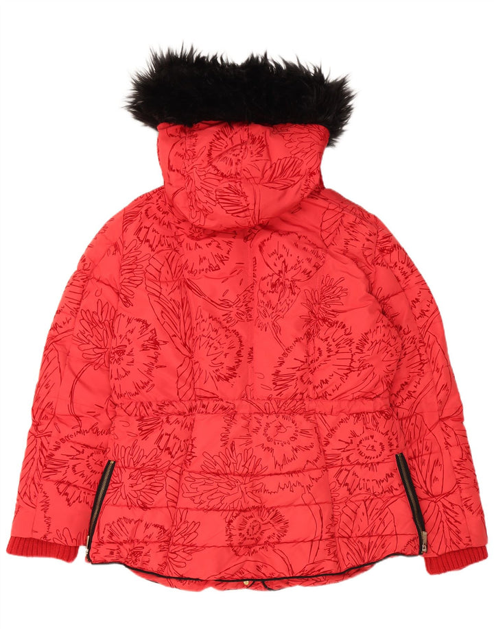 Desigual Damen-Kapuzenjacke, gepolstert, EU 44, XL, rotes Blumenmuster, Polyester