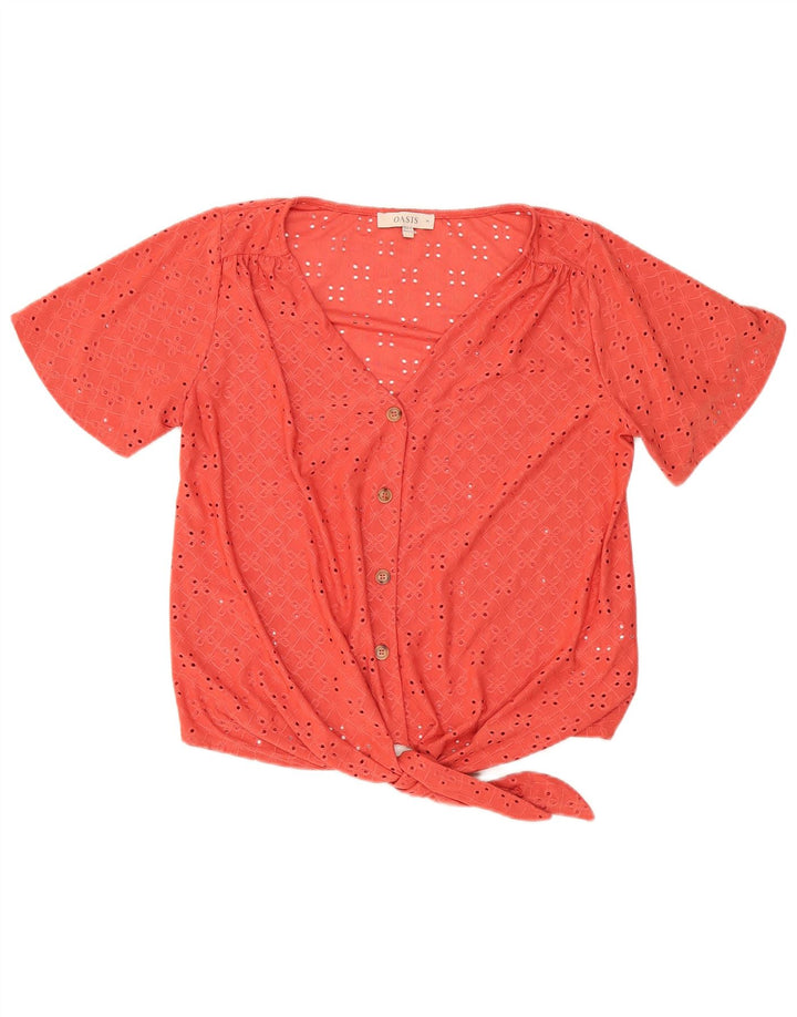 Oasis Womens Front Tie Short Sleeve Shirt Bluse UK 14 Medium Red Polyester