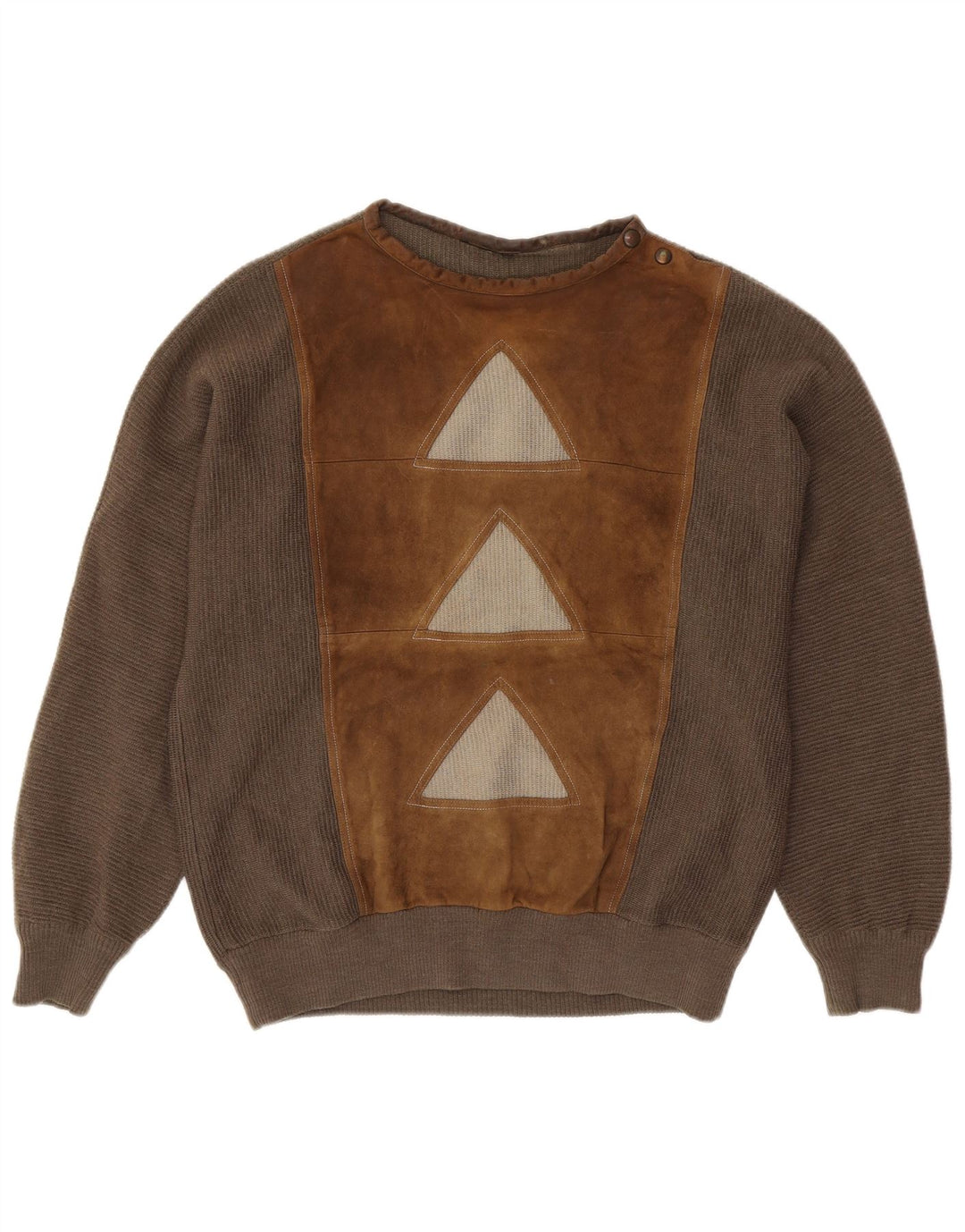VINTAGE Herren-Pullover mit Knopfkragen, große braune geometrische Wolle