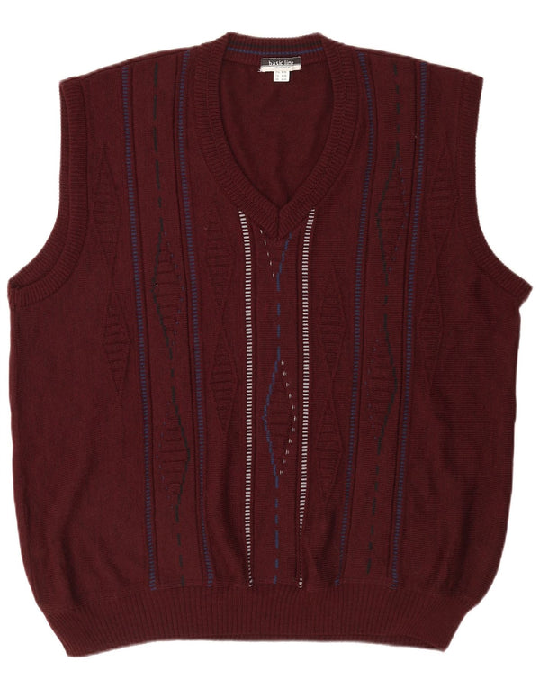Vintage Herren Weste Tank Top UK 46/48 2XL Burgunderrote geometrische Wolle